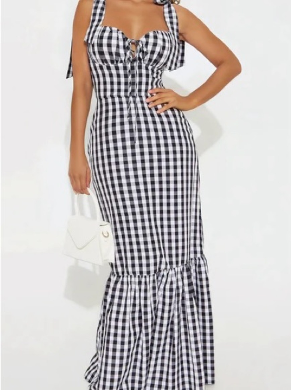 Fashion Nova Black & White Gingham Tie-Shoulder Maxi Dress